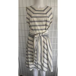 Cremieux Woman’s Sleeveless Wrap Belt Ivory Gray Lined Dress Back‎ Zip Size 10